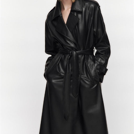 Long Sleeve Trench Coat in Leather For Women